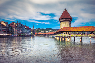 Chapel Bridge and Water Tower in Luzern - Switzerland