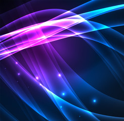 Energy lines, glowing waves in the dark, vector abstract background