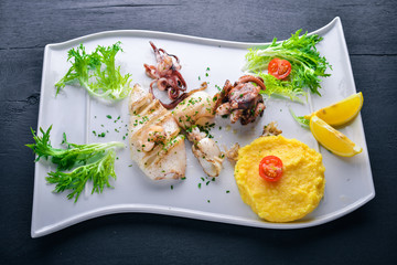 Seafood Grill. Squid, octopus, cuttlefish. Italian cuisine. On a wooden background. Top view. Free space for your text.
