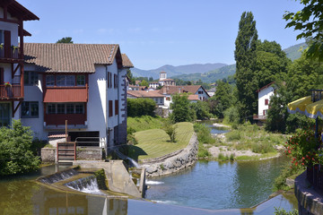 River Nive at Saint-Jean-Pied-de-Port, a commune in the Pyrénées-Atlantiques department in...
