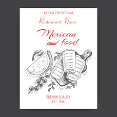Vector illustration sketch - Mexican food. Card Menu mexican cuisine. vintage design template, banner - burrito.