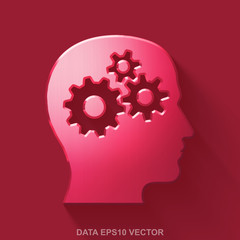 Flat metallic Data 3D icon. Red Glossy Metal Head With Gears on Red background. EPS 10, vector.