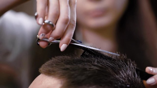 Close up of male head and hands of female hairstylist cutting hair ends of client using comb and sharp professional scissors. Man sitting in barbershop while barber making perfect shape for haircut.