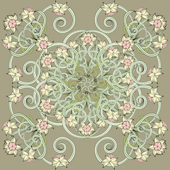 Square composition in small narcissus. Art nouveau style. Floral vintage  enchanting background for scarf print, textile, covers, surface, scrapbooking, decoupage. Bandana, pareo, shawl design.