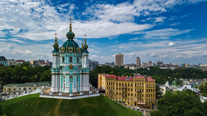 Aerial top view of Saint Andrew's church and Andreevska street from above, Podol district, city of...
