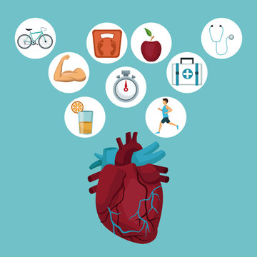color background with heart organ and icons in circular frame with health elements