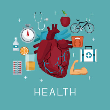 color background with silhouette heart organ with icons of healthy elements around