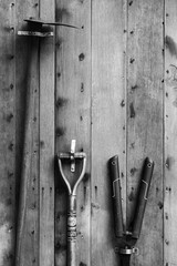 Tools hanging on wood wall