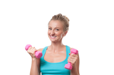 Fitness woman workout with pink dumbbells