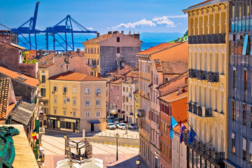 City of Rijeka Korzo square and harbour cranes aerial view