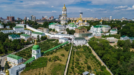 Aerial top view of Kiev Pechersk Lavra churches on hills from above, Kyiv city, Ukraine
