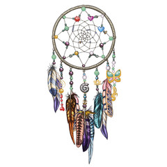Fototapeta premium Hand drawn ornate Dreamcatcher with feathers, jewels and colorful gemstones. Astrology, spirituality, magic symbol. Ethnic tribal element.