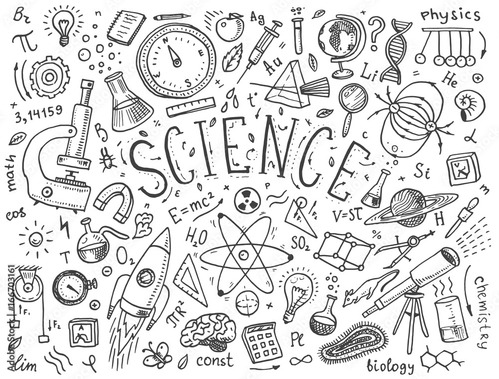 Wall mural engraved hand drawn in old sketch and vintage style. scientific formulas and calculations in physics