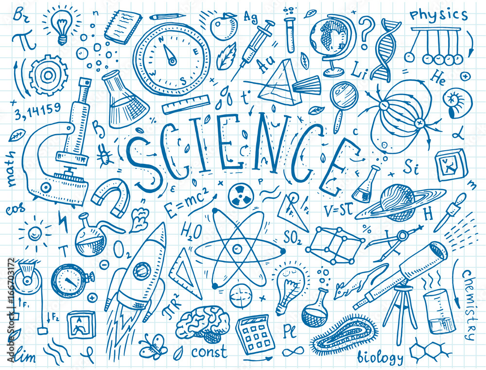 Wall mural engraved hand drawn in old sketch and vintage style. scientific formulas and calculations in physics