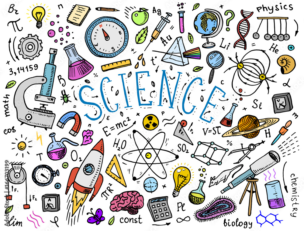 Wall mural engraved hand drawn in old sketch and vintage style. scientific formulas and calculations in physics