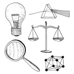 lightbulb and prism, crystal lattice and scale with magnifying glass. engraved hand drawn in old sketch and vintage symbols. Back to School Elements of Science or physics and laboratory experiments.