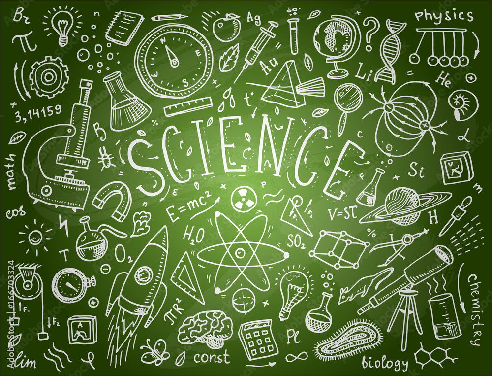 Wall mural engraved hand drawn in old sketch and vintage style. scientific formulas and calculations in physics