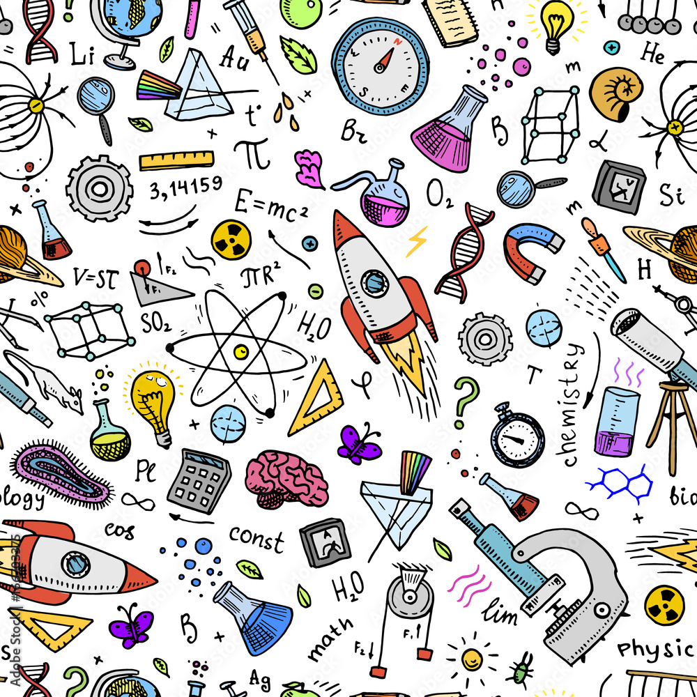 Wall mural engraved hand drawn in old sketch and vintage style. scientific formulas and calculations in physics