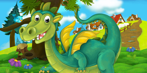 Cartoon scene of an angry dragon near the village bursting with fire - illustration for the children
