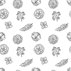 Hand drawn floral seamless pattern. Black and white.  illustration.