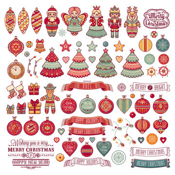 Pattern with Christmas toys. Icons set