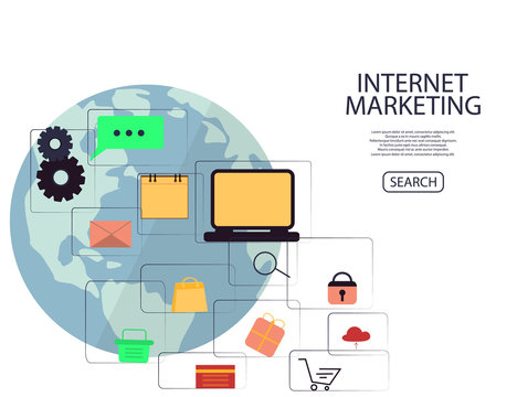 Online Internet Marketing Concept. Digital Marketing, store, Ecommerce shopping. Flat illustration.