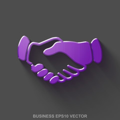 Flat metallic business 3D icon. Purple Glossy Metal Handshake on Gray background. EPS 10, vector.