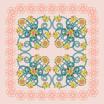 Square composition in small narcissus. Art nouveau style. Floral vintage  enchanting background for scarf print, textile, covers, surface, scrapbooking, decoupage. Bandana, pareo, shawl design.