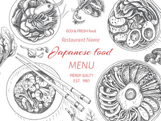 Vector illustration sketch - asian food. Card menu japan. vintage design template, banner.