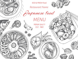 Vector illustration sketch - asian food. Card menu japan. vintage design template, banner.