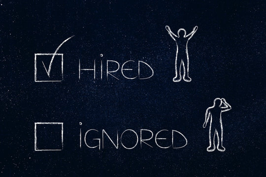 Hired or ignored multiple choice with happy and sad candidates