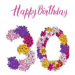 Thirty digit made of different flowers isolated on white background. Happy birthday inscription.  illustration
