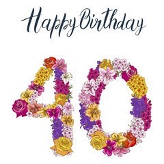 Forty digit made of different flowers isolated on white background. Happy birthday inscription.  illustration