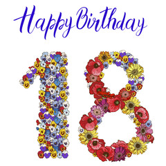 Eighteen digit made of different flowers isolated on white background. Happy birthday inscription.  illustration