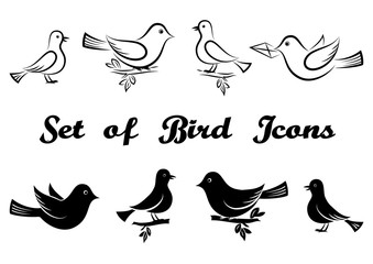 Set of Icons, Cartoon Birds, Flying or Sitting on Branches, Black Pictograms and Contours Isolated on White Background. Vector