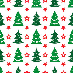 Holidays seamless pattern with Christmas tree and stars, vector illustration