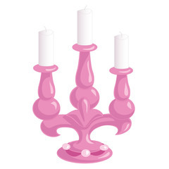 Pink candlestick on three candles isolated on white background. Vintage household items. Cartoon drawing  illustration.