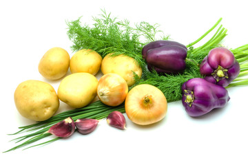 Assortment of fresh raw vegetables on white background. Selection includes potato, tomato, green onion, pepper, garlic and dill
