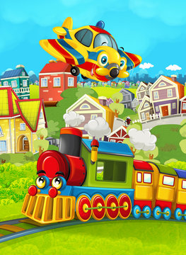 Cartoon train scene on the meadow and plane flying - illustration for the children © honeyflavour