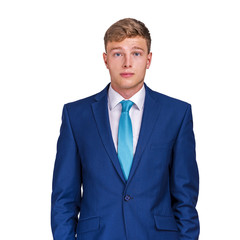 Portrait of happy smiling young businessman, isolated on white background. Business success concept.