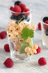 Fresh currants and raspberries in the glass .