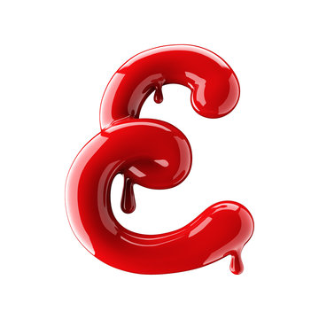 Leaky red alphabet isolated on white background. Handwritten cursive letter E.