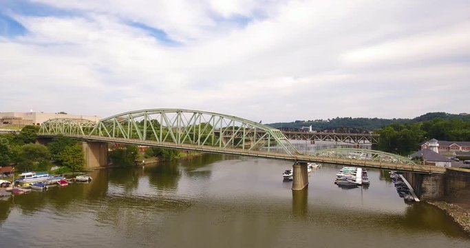 An aerial view of the Beaver River in Western Pennsylvania and the bridge between the towns Bridgewater and Rochester.  	