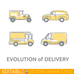 Fototapeta premium evolution of delivery cars Editable line sketch icon set. Stock vector illustration.