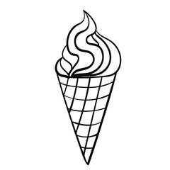 Black thin line Ice Cream with rose in the waffle cone isolated object on white background.Vector illustration.