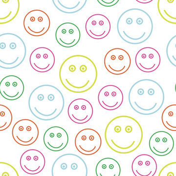 Abstract seamless pattern with colorful smiling faces isolated on white background. Vector illustration.