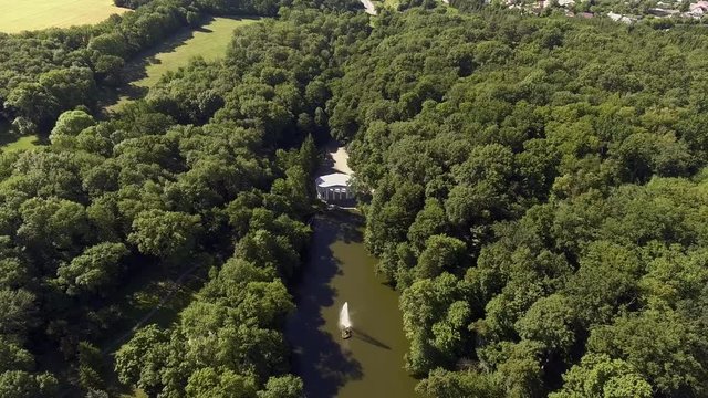 Aerial view of the national dendrological park Sofiyivka. View of the Snake Fountain and Flora Pavilion
