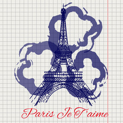 I love you Paris sketch on notebook page with Eiffel tower and abstract flowers. Vector illustration