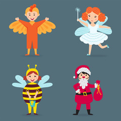 Cute kids wearing Christmas costumes vector characters little people isolated cheerful children holidays illustration