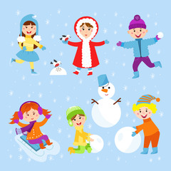 Christmas kids playing winter games children playing snowballs cartoon new year holidays vector characters illustration.
